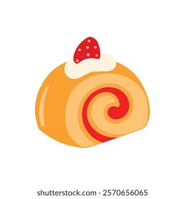 Cute hand drawn Swiss Roll Cake Slice Piece with strawberry topping fruits pastry sweet food dessert cartoon vector illustration isolated on white background for birthday party