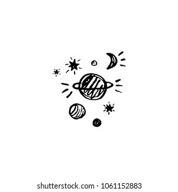 Cute hand drawn sylized planets and stars, decor elements set. Clipart, isolated vector pictures.