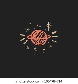 Cute hand drawn sylized Saturn and stars, decor elements set. Clipart, isolated vector objects.