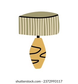 Cute hand drawn table lamp vector illustration. Scandinavian style table lamp with thrum striped lampshade. Vintage mid century bedside lamp, cozy home furniture element.