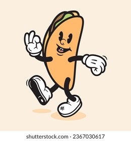 Cute Hand Drawn Taco Cartoon Retro Style Mascot Taco Art Character Illustration Taco Logo Vector Vintage Style 70s 60s Cartoon