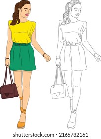 Cute Hand Drawn Tall Girl Wearing a Yellow T-shirt and Green Jeans Shorts and Holding a Bag Vector Illustration Isolated on A White Background, Pretty Woman Illustration