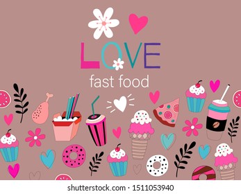 Cute hand drawn tasty fast food background. Vector illustration