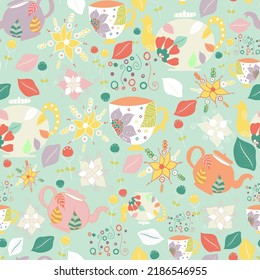 Tetera y taza con floridas fiestas de jardín dibujadas a mano sin fisuras patrón de repetición vectorial. Diseño superficial de la decoración de la fiesta del té adecuado para tejidos, textiles, interiores, azulejos, embalajes y más.