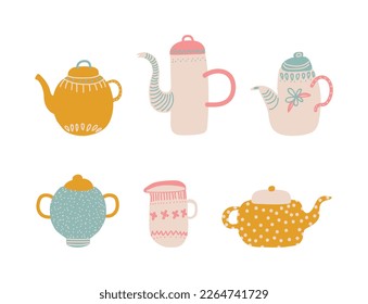 Tetera y taza dibujada a mano o taza para beber un conjunto de vectores de té