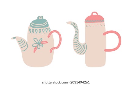 Cute Hand Drawn Teapot or Kettle for Brewing Tea Vector Set