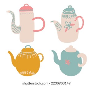 Cute Hand Drawn Teapot or Kettle for Brewing Tea Vector Set