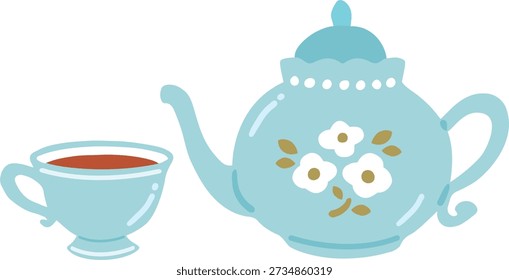 Cute Hand Drawn Teapot and Teacup Set with Tea