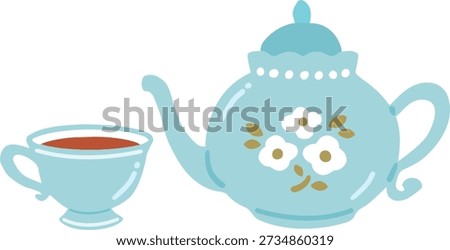 Cute Hand Drawn Teapot and Teacup Set with Tea