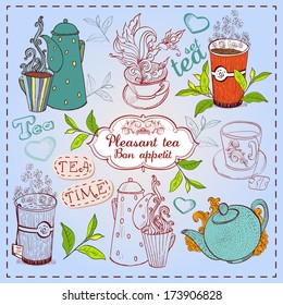 Cute hand drawn teapots, cups and cupcakes.