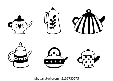 Cute hand drawn teapots with different design in doodle style. Kettles' sketches. Vector illustration of kitchen tools.