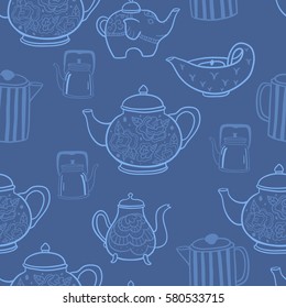 Cute hand drawn teapots seamless vector pattern