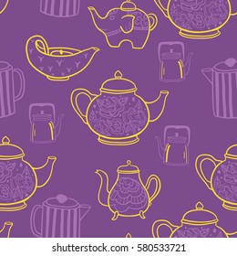 Cute hand drawn teapots seamless vector pattern