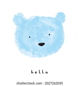 Cute Hand Drawn Teddy Bear Vector Illustration ideal for Card, Wall Art, Poster, Kids Room Decoration.Lovely Nursery Art with Funny Blue Baby Bear and Handwritten Hello Isolated on a White Background.