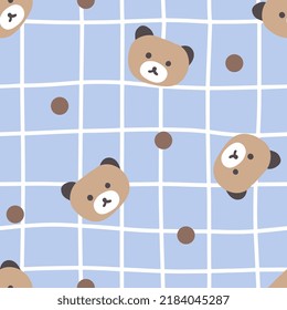 Cute hand drawn teddy bear face on a freehand kawaii plaid with blue texture background, kids seamless pattern background for boy and girl. Wrapping paper childish design, fabric and textile print