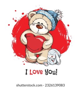 Cute hand drawn teddy bear in hat holding red heart sketch style, vector illustration isolated on white background. Decorative design element with I love you text, sitting rabbit