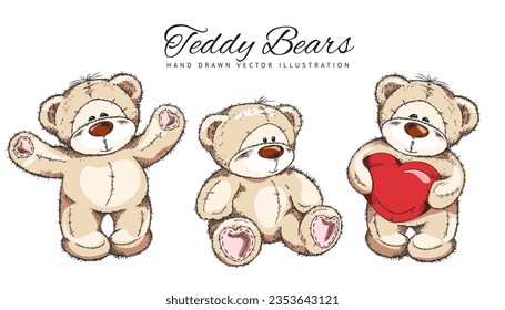 Cute hand drawn teddy bear toy set, sketch vector illustration isolated on white background. Vintage drawing of stuffed animal. Romantic retro toy. Cute teddy bear holding red heart.