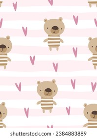 cute hand drawn teddy bear on a pastel pink stripes background with purple hearts, kids seamless pattern for textile, fabric or wrapping paper