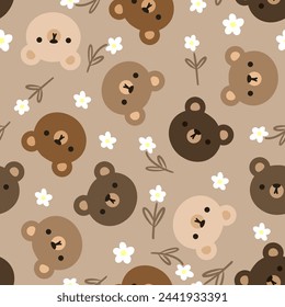 cute hand drawn teddy bear face with camomile white flowers on a brown background, kids seamless pattern design