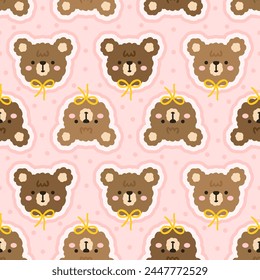 cute hand drawn teddy bear brown face on a polka dot texture background, kids seamless pattern design for textile , fabric or wrapping paper
