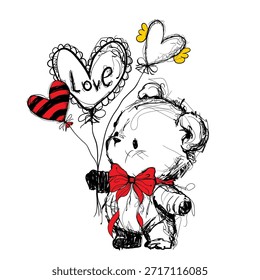 Netter handgezeichneter Teddybär, der herzförmige Ballons hält. Romantische Skizze Stil Vektorgrafik mit roten und gelben Akzenten. Perfekt für die Liebe, Valentinstag, Grußkarten und Geschenke.
