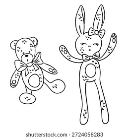 Cute hand drawn teddy bear and bunny soft toys in simple black outline isolated on white background. The illustration expresses childhood innocence, playfulness and cozy comfort