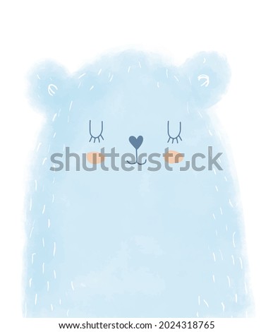 Cute Hand Drawn Teddy Bear Vector Illustration ideal for Card, Wall Art, Poster, Kids Room Decoration. Lovely Nursery Art with Funny Blue Baby Bear Isolated on a White Background. 