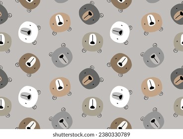 cute hand drawn teddy bears different color shades, grey, brown, beige on a neutral background for boy and girl, kids seamless pattern for textile