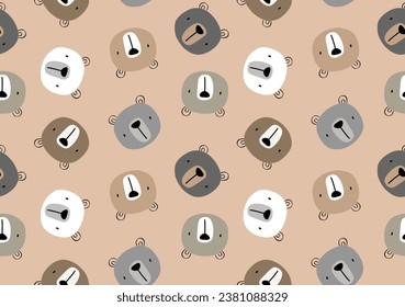 cute hand drawn teddy bears different color shades, grey, brown, beige on a neutral background for boy and girl, kids seamless pattern for textile