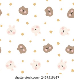 Cute hand drawn teddy bears and rabbits seamless pattern with golden stars, neutral kids background