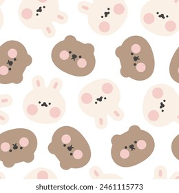 Cute hand drawn teddy bears and rabbits seamless pattern, neutral kids background