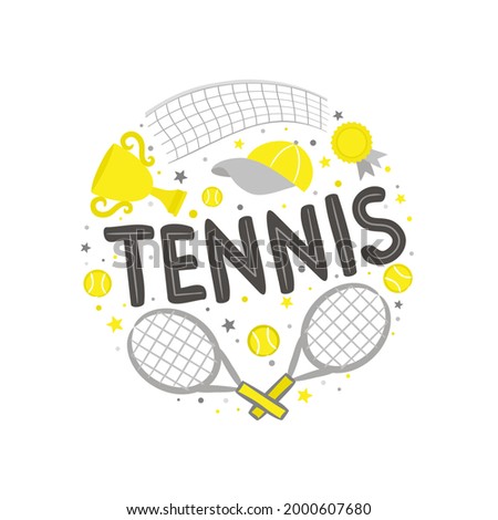 Cute hand drawn Tennis emblem with sports element, tennis rackets, balls and a cap. Round Logo for a sport club, tournaments or competition. Vector illustration in doodle style
