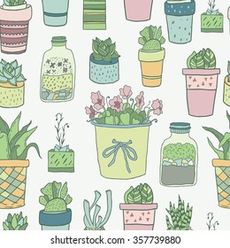 Cute hand drawn terrariums, houseplants and succulents in pots. Seamless vector pattern.