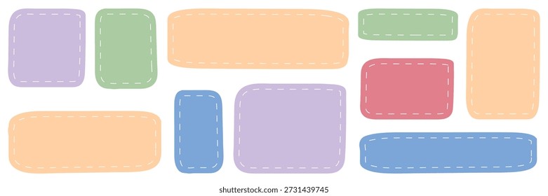Lindo cuadro de texto dibujado a mano con borde cosido. Doodle marcos rectangulares irregulares en colores pastel. Perfecto para notas, Elementos de interfaz de usuario, pegatinas, Anuncios, etiquetas, planificadores, scrapbooking y Diseño web.