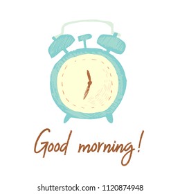 Cute hand drawn texture alarm clock vector illustration in soft pastel children colors