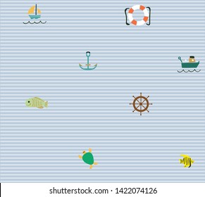 Cute Hand Drawn texture, marine theme design. vector seamless pattern. T-shirt, cards. Vector illustration.fish and sea turtle and anchor and rudder and boat illustration pattern