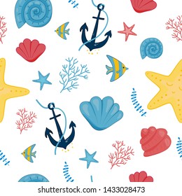 Cute Hand Drawn texture, marine theme design. vector seamless pattern. For birthday, anniversary, party invitations, scrapbooking, T-shirt, cards. Vector illustration.