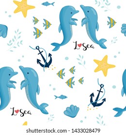 Cute Hand Drawn texture, marine theme design. vector seamless pattern. For birthday, anniversary, party invitations, scrapbooking, T-shirt, cards. Vector illustration.
