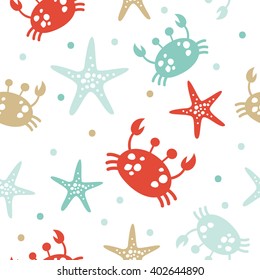 Cute Hand Drawn texture, marine theme design. vector seamless pattern. For birthday, anniversary, party invitations, scrapbooking, T-shirt, cards. Vector illustration. Red, blue and beige