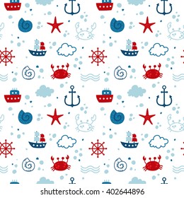 Cute Hand Drawn texture, marine theme design. vector seamless pattern. For birthday, anniversary, party invitations, scrapbooking, T-shirt, cards. Vector illustration. 