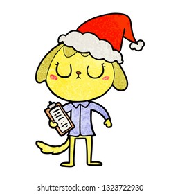 cute hand drawn textured cartoon of a dog wearing office shirt wearing santa hat