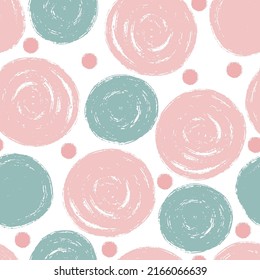 Cute Hand Drawn Textured Circles Seamless Pattern. Abstract pastel print with paint brushstroke grunge texture. Vector crayon textured background for greeting card, fabric design print, wrapping paper