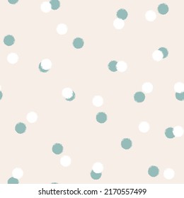 Cute Hand Drawn Textured Circles Seamless Pattern. Abstract beige pastel print with white and green paint brushstroke grunge texture. Vector crayon textured background for fabric print, wrapping paper