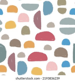 Cute Hand Drawn Textured Shapes Seamless Pattern. Abstract colorful print with brushstroke grunge texture. Vector pastel crayon textured background for greeting card, wrapping paper, fabric print.