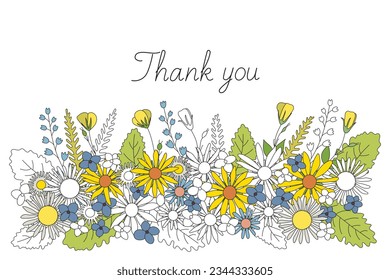 Cute hand drawn Thank You vintage card with wild field flowers on white background. Vector illustration