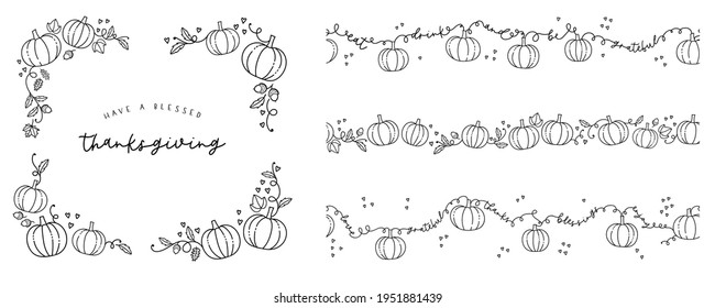 Cute hand drawn Thanksgiving frames and corners, doodle Pumpkins and decoration, great for banners, wallpapers, flyers - vector design