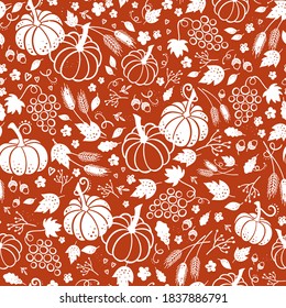 Cute hand drawn Thanksgiving seamless patten with leaves, pumpkins and decoration. Great for autumn themes, textiles, banners, wallpapers - vector design