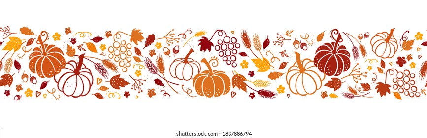 Cute hand drawn Thanksgiving seamless patten with leaves, pumpkins and decoration. Great for autumn themes, textiles, banners, wallpapers - vector design
