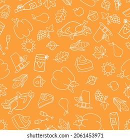 Cute hand drawn Thanksgiving seamless pattern, lovely food and autumn doodles, great for textiles, banners, wallpapers, wrapping - vector design