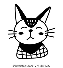 Lindo retrato de gato gatito reflexivo dibujado a mano. Ilustración de contorno de Vector infantil de dibujos animados Doodle aislado sobre fondo blanco. Arte del contorno. Color negro